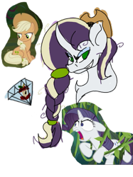 Size: 389x519 | Tagged: safe, artist:foxytthepiratefoxgir, artist:shippingtrash, edit, edited screencap, imported from derpibooru, screencap, mean applejack, mean rarity, oc, oc:rotten core, earth pony, pony, unicorn, icey-verse, the mean 6, clone, cropped, eyeshadow, female, grin, hat, lesbian, magical lesbian spawn, makeup, mare, mean rarijack, messy mane, offspring, open mouth, parent:applejack, parent:evil applejack, parent:mean applejack, parent:mean rarity, parents:mean rarijack, shipping, simple background, smiling, transparent background, vine