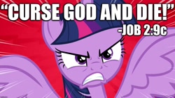 Size: 1280x720 | Tagged: safe, edit, edited screencap, editor:useraccount, imported from derpibooru, screencap, twilight sparkle, alicorn, twilight's kingdom, angry, bad advice, bible, bible verse, god, image macro, meme, religion, text, the book of job, twilight sparkle (alicorn)