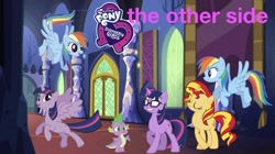 Size: 2048x1147 | Tagged: safe, artist:php77, editor:php77, imported from derpibooru, rainbow dash, sci-twi, spike, sunset shimmer, twilight sparkle, alicorn, pegasus, pony, unicorn, equestria girls, equestria girls series, spring breakdown, spoiler:eqg series (season 2), equestria girls logo, female, human pony dash, male, self ponidox, twilight sparkle (alicorn), twilight's castle, twolight, unicorn sci-twi, wings
