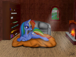Size: 1024x768 | Tagged: safe, artist:egyptin, imported from derpibooru, rainbow dash, pony, cabin, female, fireplace, lying, solo