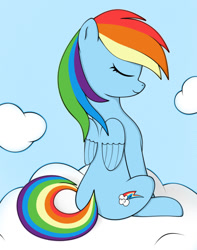 Size: 769x974 | Tagged: safe, artist:kirr12, imported from derpibooru, rainbow dash, pegasus, pony, cloud, cute, eyes closed, female, mare, sitting, solo