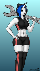 Size: 2000x3531 | Tagged: safe, artist:funkybacon, imported from derpibooru, anthro, unicorn, belly button, cigarette, clothes, female, gradient background, mechanic, midriff, solo, wrench