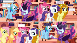 Size: 2564x1444 | Tagged: safe, artist:hakunohamikage, imported from derpibooru, adagio dazzle, applejack, fluttershy, pinkie pie, rainbow dash, rarity, twilight sparkle, alicorn, pony, ask-princesssparkle, equestria girls, ask, equestria girls ponified, golden oaks library, midnight sparkle, ponified, possessed, tumblr, twilight sparkle (alicorn)