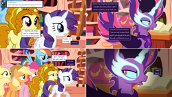 Size: 2564x1444 | Tagged: safe, artist:hakunohamikage, imported from derpibooru, adagio dazzle, applejack, fluttershy, pinkie pie, rainbow dash, rarity, twilight sparkle, alicorn, pony, ask-princesssparkle, equestria girls, ask, equestria girls ponified, golden oaks library, midnight sparkle, ponified, possessed, tumblr, twilight sparkle (alicorn)