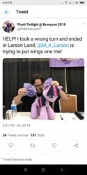 Size: 640x1280 | Tagged: safe, imported from derpibooru, photographer:pmbsakura37, twilight sparkle, alicorn, human, evil grin, glue, grin, irl, m.a. larson, meme, meta, photo, plushie, smiling, text, thanks m.a. larson, twilight sparkle (alicorn), twitter, wings