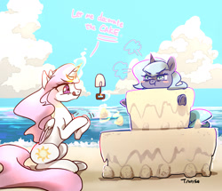 Size: 2140x1839 | Tagged: safe, artist:tingsan, imported from derpibooru, princess celestia, princess luna, alicorn, pony, beach, blush sticker, blushing, cewestia, female, filly, glowing horn, licking, licking lips, luna is not amused, magic, mare, pink-mane celestia, pouting, sand, shovel, summer, telekinesis, tongue out, unamused, woona, woona is not amused, younger