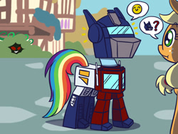 Size: 1800x1350 | Tagged: safe, artist:flutterluv, imported from derpibooru, applejack, rainbow dash, pony, atg 2018, clothes, cosplay, costume, newbie artist training grounds, optimus prime, ponyville, speech bubble, transformers