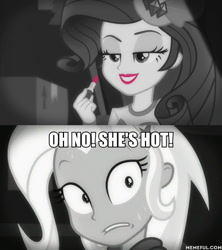 Size: 600x675 | Tagged: safe, edit, edited screencap, imported from derpibooru, screencap, rarity, trixie, equestria girls, equestria girls series, rarity investigates: the case of the bedazzled boot, image macro, implied lesbian, implied rarixie, lipstick, meme, memeful.com, oh no he's hot, rarity investigates (eqg): trixie, spongebob squarepants, squilliam returns, sweat, trixie yells at everything