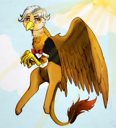 Size: 1959x2160 | Tagged: artist needed, source needed, safe, imported from derpibooru, oc, oc:alviss, griffon, day, flying, griffon oc, looking back, male, sky, solo, sun, sunlight