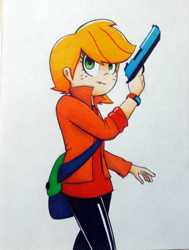 Size: 1512x2000 | Tagged: safe, artist:mustachedbain, imported from derpibooru, applejack, human, atg 2018, female, freckles, gun, humanized, newbie artist training grounds, simple background, solo, traditional art, weapon, white background