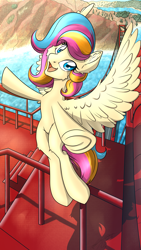 Size: 2160x3840 | Tagged: safe, artist:ravvij, imported from derpibooru, oc, oc only, oc:golden gates, pegasus, pony, babscon, bridge, cute, female, flying, golden gates, happy, hill, mare, road, smiling, solo, wings