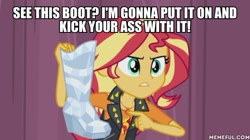 Size: 600x337 | Tagged: safe, edit, edited screencap, imported from derpibooru, screencap, sunset shimmer, equestria girls, equestria girls series, rarity investigates: the case of the bedazzled boot, boot, image macro, meme