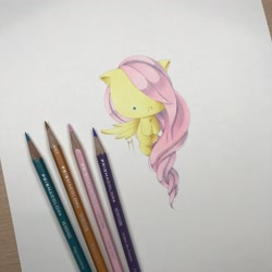 Size: 3024x3024 | Tagged: safe, artist:nana-marchae, imported from derpibooru, fluttershy, pony, chibi, colored pencil drawing, cute, female, flying, giant head, solo, traditional art