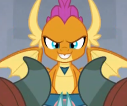 Size: 397x331 | Tagged: safe, edit, edited screencap, imported from derpibooru, screencap, ocellus, smolder, yona, changeling, dragon, yak, school daze, >:), >:d, cropped, dragoness, evil grin, female, grin, happy, mirrored, smiling, unitinu