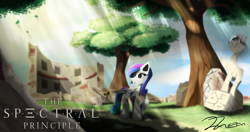 Size: 4096x2160 | Tagged: safe, artist:dranoellexa, imported from derpibooru, oc, oc only, oc:spectral bolt, cat, pegasus, pony, commission, crepuscular rays, freckles, ruins, solo, statue, the talos principle, tree