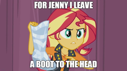 Size: 888x499 | Tagged: safe, edit, edited screencap, imported from derpibooru, screencap, sunset shimmer, equestria girls, equestria girls series, rarity investigates: the case of the bedazzled boot, bedazzled boot, boot, boot to the head, geode of empathy, image macro, meme, the frantics