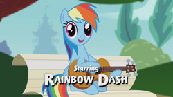 Size: 1920x1080 | Tagged: safe, imported from derpibooru, screencap, rainbow dash, pegasus, pony, bench, cute, dashabetes, female, foal house, full house, guitar, looking at you, mare, open mouth, outdoors, parody, sitting, smiling, solo, youtube link