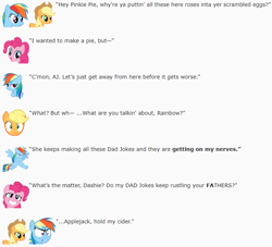 Size: 715x649 | Tagged: safe, artist:dziadek1990, imported from derpibooru, applejack, pinkie pie, rainbow dash, conversation, dad joke, dialogue, egg, emote story, emotes, flower, food, jimmies, pie, pun, reddit, rose, rustled my jimmies, slice of life, text, unamused, word play, wordplay