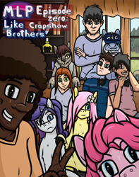 Size: 747x947 | Tagged: safe, artist:purpleakumu, imported from derpibooru, fluttershy, pinkie pie, rarity, oc, diamond dog, human, clothes, comic, comic cover, fanfic, human in equestria, human male, indoors, inside, male