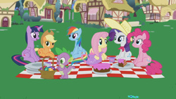 Size: 1920x1080 | Tagged: safe, imported from derpibooru, screencap, applejack, fluttershy, pinkie pie, rainbow dash, rarity, spike, twilight sparkle, alicorn, basket, cake, cup, foal house, food, full house, gem, mane seven, mane six, official, parody, picnic, picnic blanket, ponyville, teacup, twilight sparkle (alicorn), youtube link