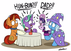 Size: 2264x1634 | Tagged: safe, artist:bobthedalek, imported from derpibooru, firelight, starlight glimmer, stellar flare, trixie, pony, rabbit, unicorn, bunnified, bunny out of the hat, candle, glowing horn, hat, implied shipping, implied stellarlight, inconvenient trixie, magic, magic show, magic trick, scrunchy face, shocked, simple background, species swap, table, telekinesis, top hat, transformation, white background