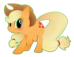 Size: 600x465 | Tagged: safe, artist:rugissang, imported from derpibooru, applejack, earth pony, pony, blushing, chibi, cowboy hat, female, green outline, hat, looking at you, mare, raised hoof, simple background, solo, transparent background