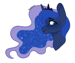 Size: 1360x1130 | Tagged: safe, artist:fioweress, imported from derpibooru, princess luna, pony, bust, crown, female, jewelry, looking back, mare, regalia, simple background, smiling, solo, transparent background