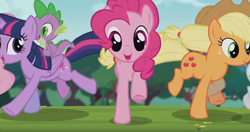 Size: 1343x711 | Tagged: safe, imported from derpibooru, screencap, applejack, fluttershy, pinkie pie, rarity, spike, twilight sparkle, alicorn, earth pony, pegasus, pony, unicorn, animation error, cute, female, foal house, full house, magenta eyes, mare, missing eyelashes, no eyelashes, pink, running, twilight sparkle (alicorn), wrong eye color