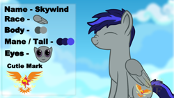 Size: 1280x720 | Tagged: safe, artist:king-franchesco, imported from derpibooru, oc, oc only, oc:skywind, pegasus, pony, eyes closed, hooves, male, reference, smiling, solo, stallion, text, wings