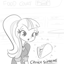 Size: 1650x1650 | Tagged: safe, artist:tjpones, imported from derpibooru, sonata dusk, equestria girls, rainbow rocks, clothes, cute, female, food, monochrome, sketch, solo, sonatabetes, sonataco, taco, that girl sure loves tacos, that pony sure does love tacos, that siren sure does love tacos