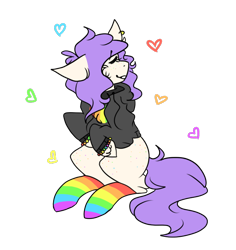 Size: 702x743 | Tagged: safe, artist:flamekitties, imported from derpibooru, oc, oc only, oc:maxie (ice1517), earth pony, pony, bracelet, clothes, commission, cute, ear piercing, earring, eyes closed, female, freckles, gay pride, gay pride flag, heart, hoodie, jewelry, lgbt, mare, piercing, pride, pride flag, pride socks, rainbow socks, simple background, socks, solo, striped socks, transparent background