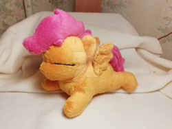 Size: 1024x768 | Tagged: safe, artist:king-franchesco, imported from derpibooru, scootaloo, pegasus, pony, blank flank, cute, deviantart watermark, eyes closed, female, filly, foal, irl, photo, plushie, prone, solo, sploot, spread wings, watermark, wings