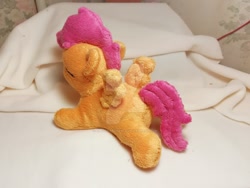 Size: 1024x768 | Tagged: safe, artist:king-franchesco, imported from derpibooru, scootaloo, pegasus, pony, blank flank, cute, deviantart watermark, eyes closed, female, filly, foal, irl, photo, plushie, prone, solo, sploot, spread wings, watermark, wings