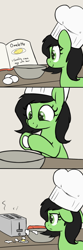 Size: 750x2250 | Tagged: safe, artist:skitter, imported from derpibooru, oc, oc only, oc:filly anon, earth pony, pony, book, bowl, chef's hat, comic, cookbook, cooking, egg (food), fail, female, filly, floppy ears, food, hat, horse problems, omelette, smiling, solo, toaster