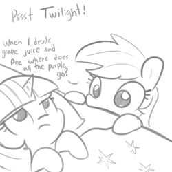 Size: 1650x1650 | Tagged: safe, artist:tjpones, imported from derpibooru, rainbow dash, twilight sparkle, pegasus, pony, bed, dialogue, duo, female, implied urine, inconvenient, inconvenient rainbow dash, kinderquestria, lineart, mare, monochrome, simple background, sketch, twilight is not amused, twilight sparkle is not amused, unamused, white background