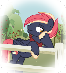 Size: 893x979 | Tagged: safe, artist:ipandacakes, imported from derpibooru, oc, oc only, oc:carter blue, pegasus, pony, apple tree, fence, magical gay spawn, male, offspring, parent:big macintosh, parent:soarin', parents:soarmac, solo, stallion, straw in mouth, tree