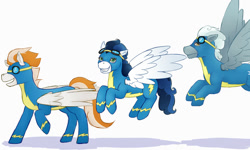 Size: 1500x900 | Tagged: safe, artist:guiltyp, imported from derpibooru, fire streak, high winds, silver lining, silver zoom, pegasus, pony, clothes, female, goggles, male, mare, simple background, stallion, uniform, white background, wonderbolts uniform