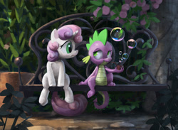 Size: 2500x1828 | Tagged: safe, artist:jotun22, imported from derpibooru, spike, sweetie belle, dragon, pony, unicorn, bubble, bubble pipe, female, filly, male, shipping, sitting, spikebelle, straight