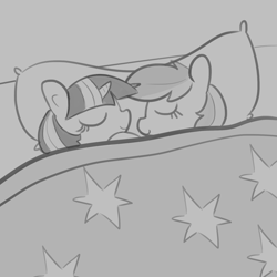 Size: 1650x1650 | Tagged: safe, artist:tjpones, imported from derpibooru, rainbow dash, twilight sparkle, pony, bed, cute, dashabetes, duo, female, lesbian, mare, monochrome, shipping, sketch, sleeping, smiling, twiabetes, twidash