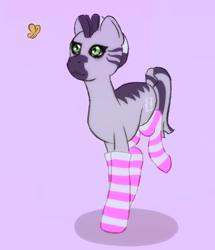 Size: 682x793 | Tagged: safe, imported from derpibooru, oc, oc only, oc:zebra north, butterfly, pony, zebra, clothes, femboy, male, simple background, socks, solo, stallion, striped socks, trap, zebra oc