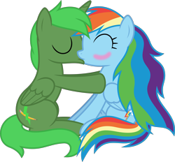 Size: 6897x6400 | Tagged: safe, artist:parclytaxel, imported from derpibooru, rainbow dash, oc, oc:green thunder, alicorn, pegasus, pony, .svg available, absurd resolution, alicorn oc, blushing, canon x oc, commission, eyes closed, female, greendash, kissing, long mane, male, mare, never doubt blaa6 involvement, shipping, simple background, sitting, stallion, straight, transparent background, vector