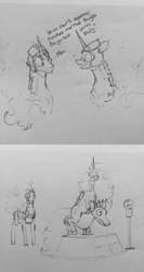 Size: 2448x4606 | Tagged: safe, artist:greyscaleart, imported from derpibooru, princess celestia, princess luna, seahorse, comic, constellation freckles, dialogue, dream walker luna, duo, freckles, grayscale, high res, kiddie ride, monochrome, pacific rim, pencil drawing, reference, royal sisters, simple background, sleepy time, spongebob squarepants, traditional art