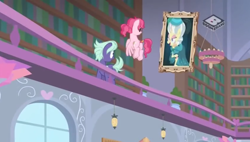 Size: 844x478 | Tagged: safe, imported from derpibooru, screencap, bifröst, night view, pony, unicorn, a matter of principals, boomerang (tv channel), butt, clothes, dress, female, founders of equestria, friendship student, mare, mare antoinette, marie antoinette, picture frame, plot, powdered wig