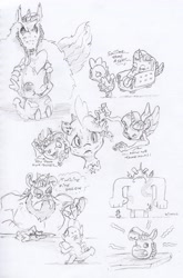 Size: 2259x3420 | Tagged: safe, artist:dilarus, deleted from derpibooru, imported from derpibooru, spike, twilight sparkle, alicorn, dragon, pony, comic:the many faces of twilight sparkle, dialogue, monochrome, not salmon, species swap, sword, traditional art, twilight sparkle (alicorn), wat, weapon