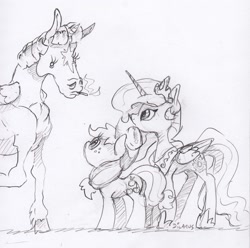 Size: 1655x1640 | Tagged: safe, artist:dilarus, deleted from derpibooru, imported from derpibooru, applejack, princess celestia, twilight sparkle, alicorn, earth pony, horse, pony, comic:the many faces of twilight sparkle, applejack's hat, cigarette, cowboy hat, crown, eye contact, hat, hoers, horseshoes, jewelry, looking at each other, looking up, monochrome, peytral, regalia, smoking, species swap, traditional art, twilight sparkle (alicorn)