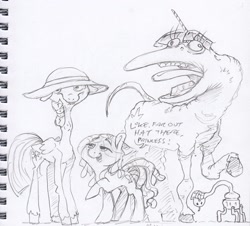 Size: 1721x1559 | Tagged: safe, artist:dilarus, deleted from derpibooru, imported from derpibooru, tree hugger, twilight sparkle, alicorn, earth pony, pony, comic:the many faces of twilight sparkle, dialogue, hat, monochrome, not salmon, traditional art, twilight sparkle (alicorn), wat