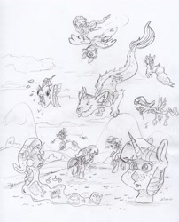 Size: 2350x2904 | Tagged: safe, artist:dilarus, deleted from derpibooru, imported from derpibooru, fluttershy, rainbow dash, twilight sparkle, alicorn, anthro, fish, original species, comic:the many faces of twilight sparkle, flying, hill, monochrome, not salmon, ocean, salmon yet not salmon, smoldash, species swap, swimming, tallershy, traditional art, twilight sparkle (alicorn), wat