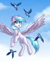 Size: 1800x2196 | Tagged: safe, artist:s-locon, imported from derpibooru, oc, oc only, oc:pegasus spectra, bird, blue jay, pegasus, pony, female, flying, mare, sky