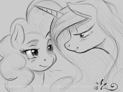 Size: 900x675 | Tagged: safe, artist:amarynceus, imported from derpibooru, pinkie pie, princess cadance, pony, cadancepie, duo, female, gray background, grayscale, infidelity, lesbian, looking at each other, mare, monochrome, shipping, signature, simple background