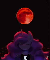 Size: 814x982 | Tagged: safe, artist:sanzols, imported from derpibooru, princess luna, alicorn, pony, black background, blood moon, eclipse, eyes closed, female, lunar eclipse, mare, moon, signature